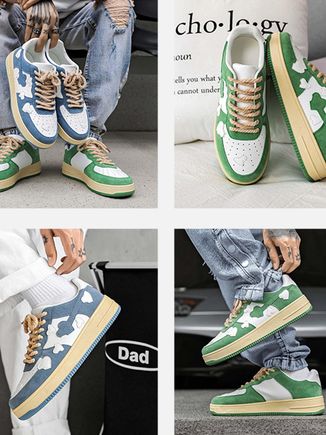 TALISHKO retro sneakers in green and white with cloud designs, styled with blue jeans.