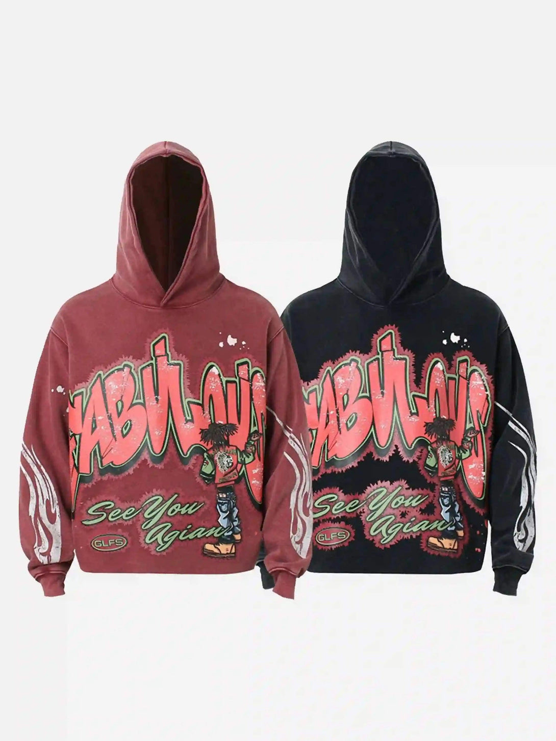 TALISHKO hoodies in red and black showcasing bold graffiti designs for a trendy streetwear vibe.