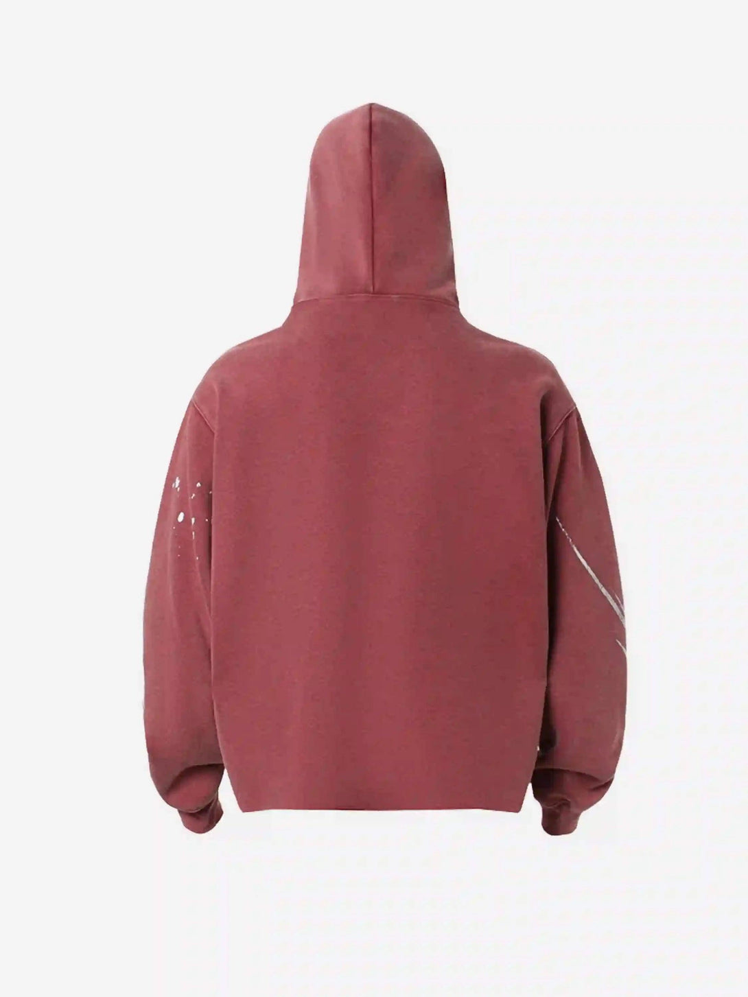 Back view of a TALISHKO hoodie in red, highlighting its relaxed fit and distressed style.