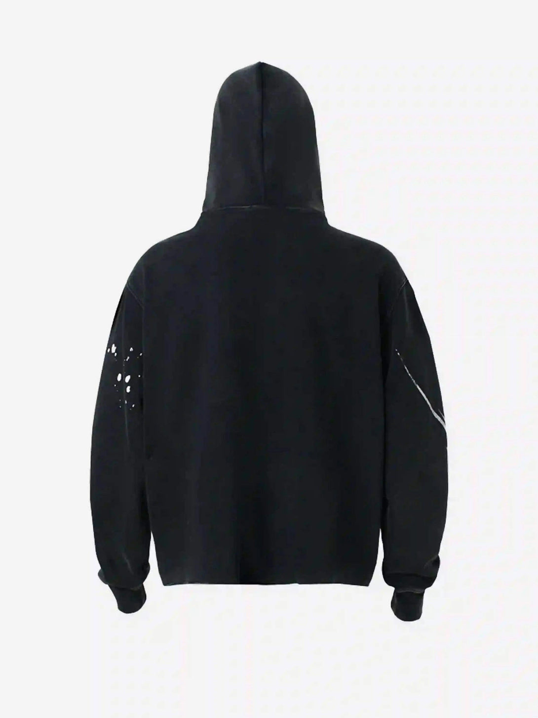 Back view of black TALISHKO hoodie with graffiti-inspired distressed details for a hip-hop vibe.