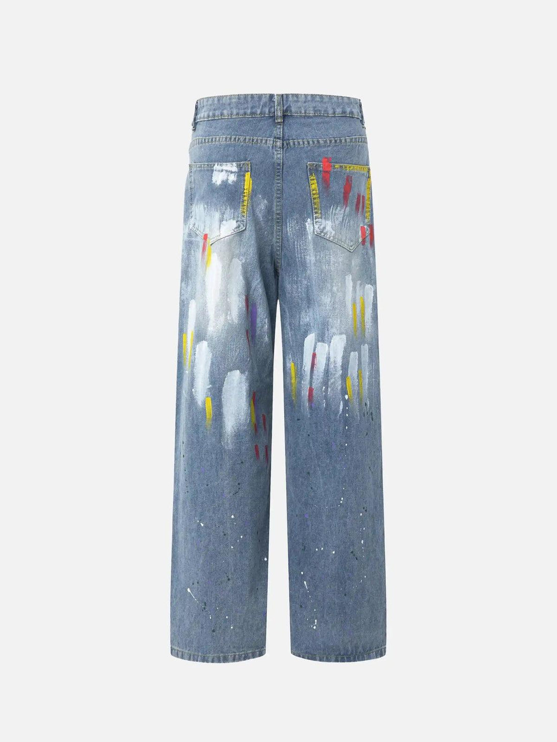 Back view of TALISHKO jeans featuring colorful paint splatters, adding a creative touch.