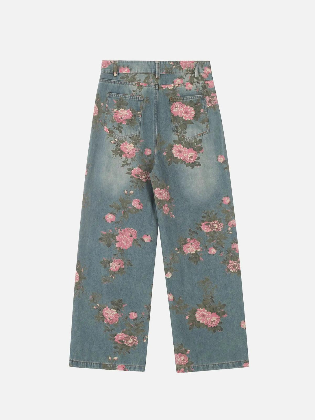 Back view of TALISHKO vintage rose-patterned jeans, showcasing a hip-hop aesthetic.