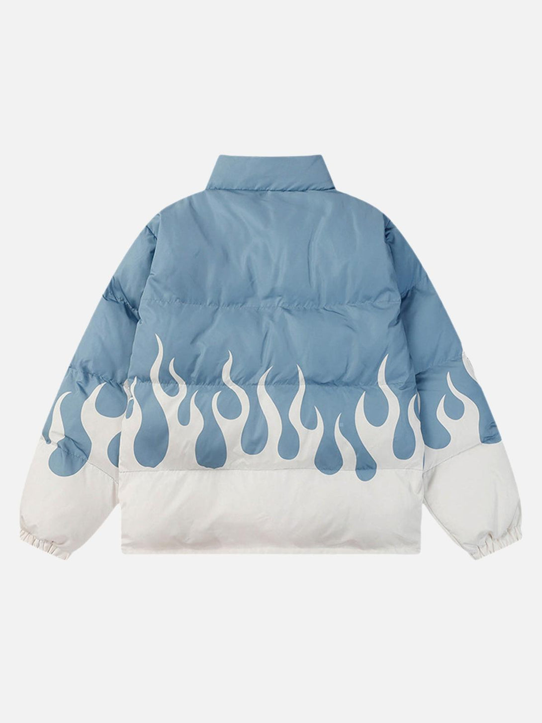Back view of blue and white flame jacket, loose-fitting style by TALISHKO.