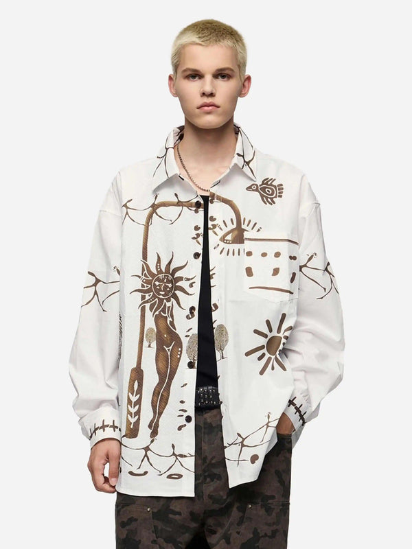 Model wearing a TALISHKO abstract mural shirt with earthy tones and unique artistic patterns.