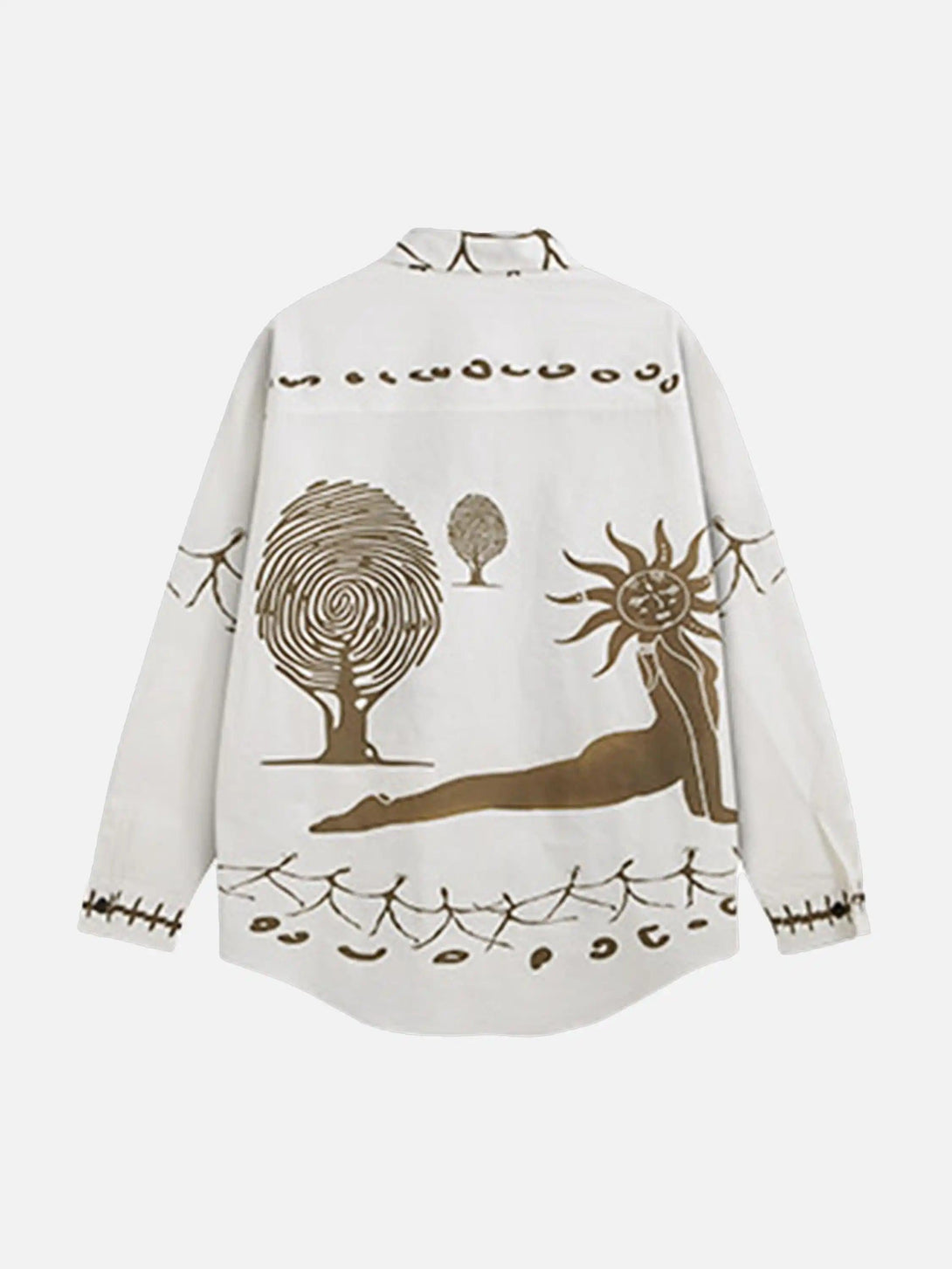 Back view of TALISHKO abstract mural shirt showcasing unique Mayan-inspired artistic designs.