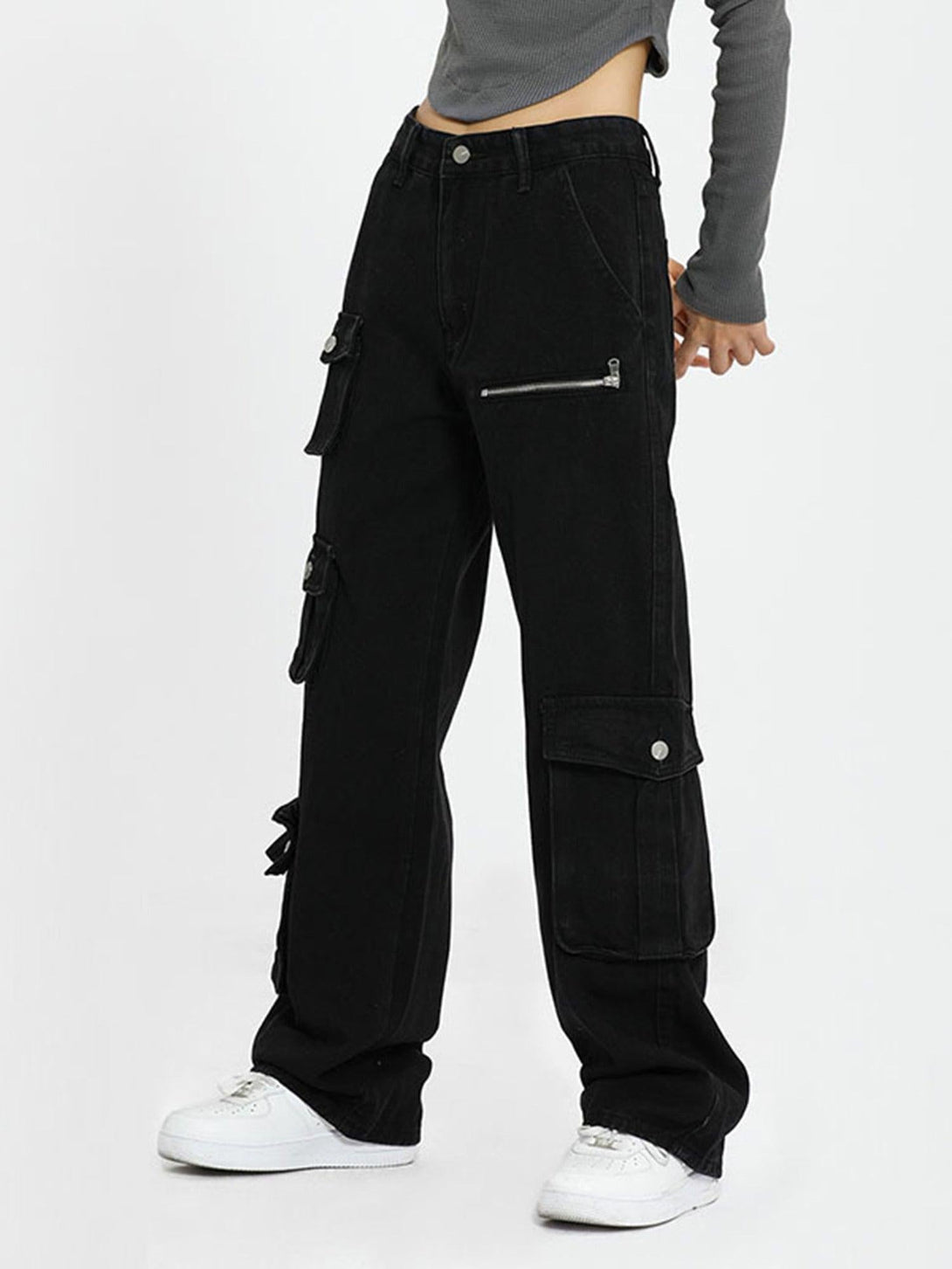 TALISHKO black multi-pocket work pants, side view, paired with white sneakers and a gray top.