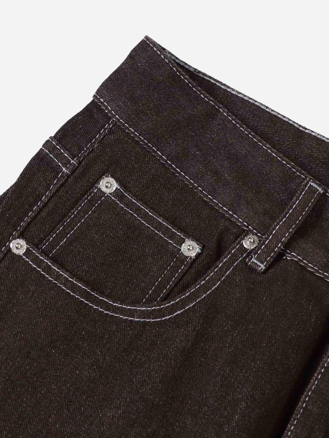 Intricate look at TALISHKO American patchwork jeans pocket with contrasting stitching details.