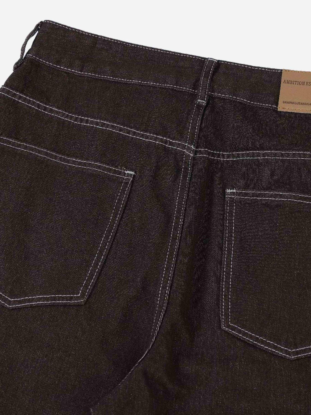 TALISHKO American patchwork jeans back view, highlighting detailed stitching and pocket design.