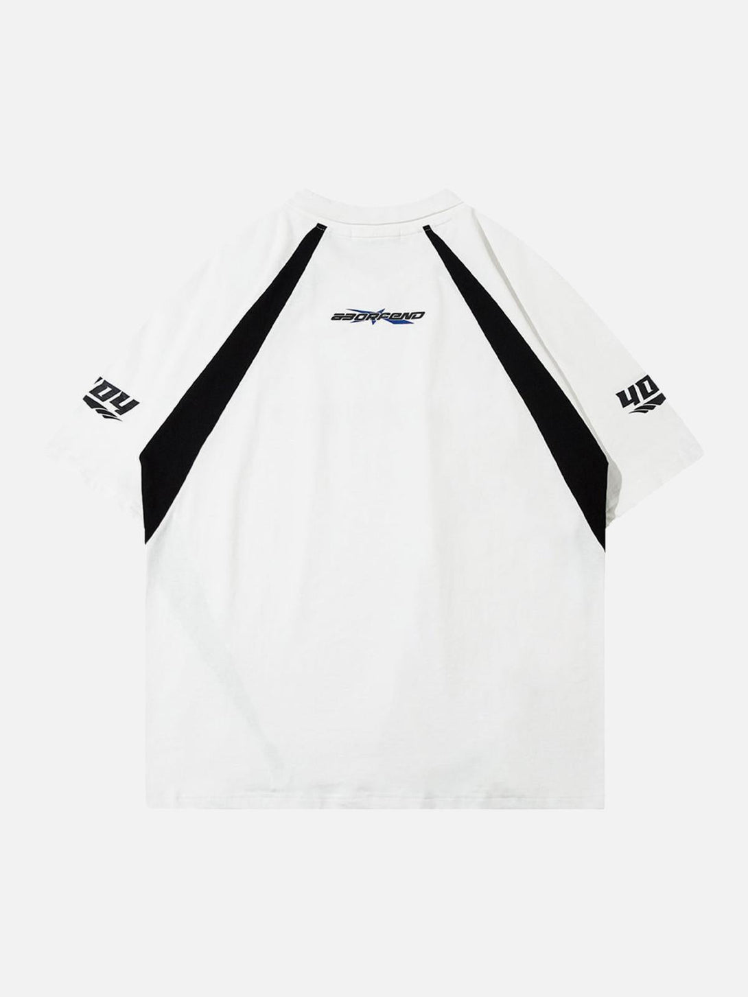 Back view of a white vintage lapel T-shirt by TALISHKO with black accents and graphic details.