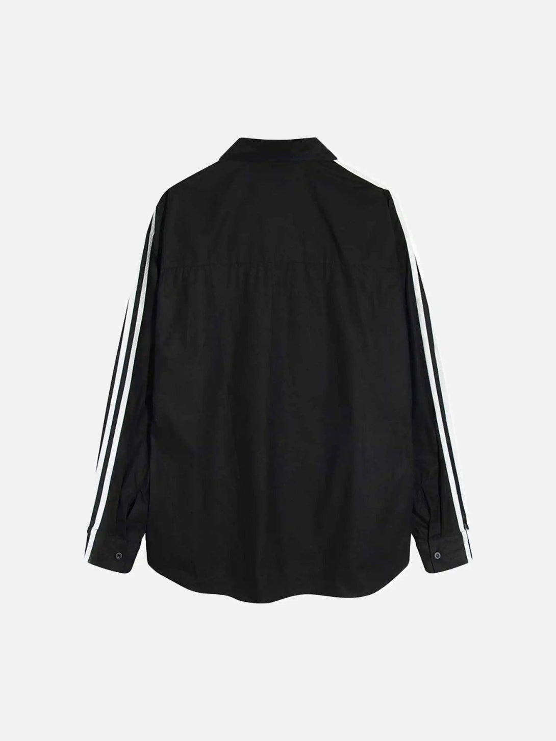 Back view of a black long-sleeved shirt by TALISHKO, showcasing white sporty stripes.