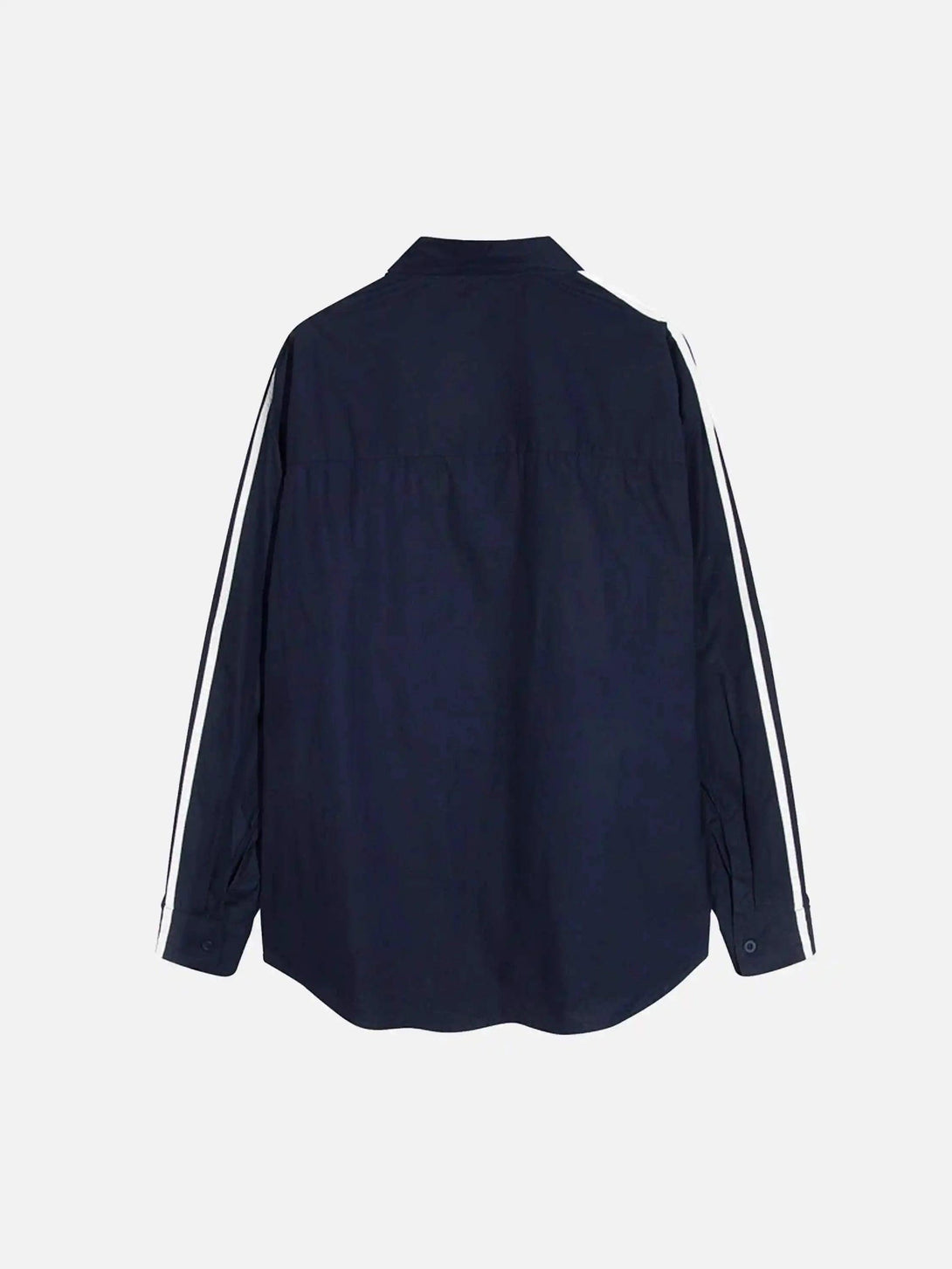 Back view of a navy long-sleeved shirt by TALISHKO, featuring white sporty stripes on the sleeves.