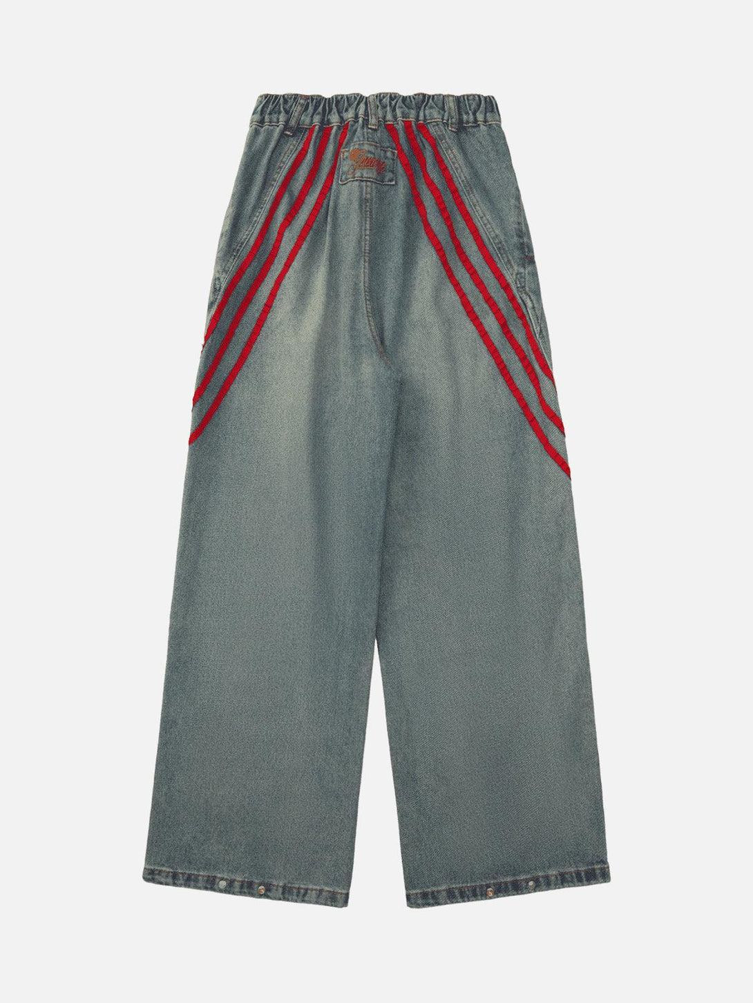 Retro washed jeans with red stripes by TALISHKO, featuring a relaxed fit and casual vibe.