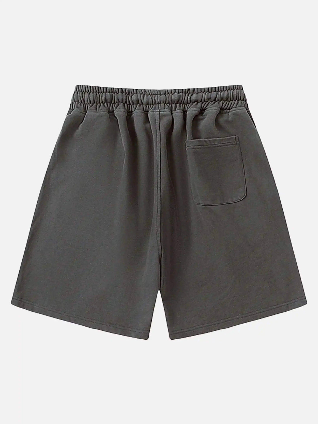 Back view of TALISHKO shorts in gray, highlighting the elastic waistband and pocket detail.