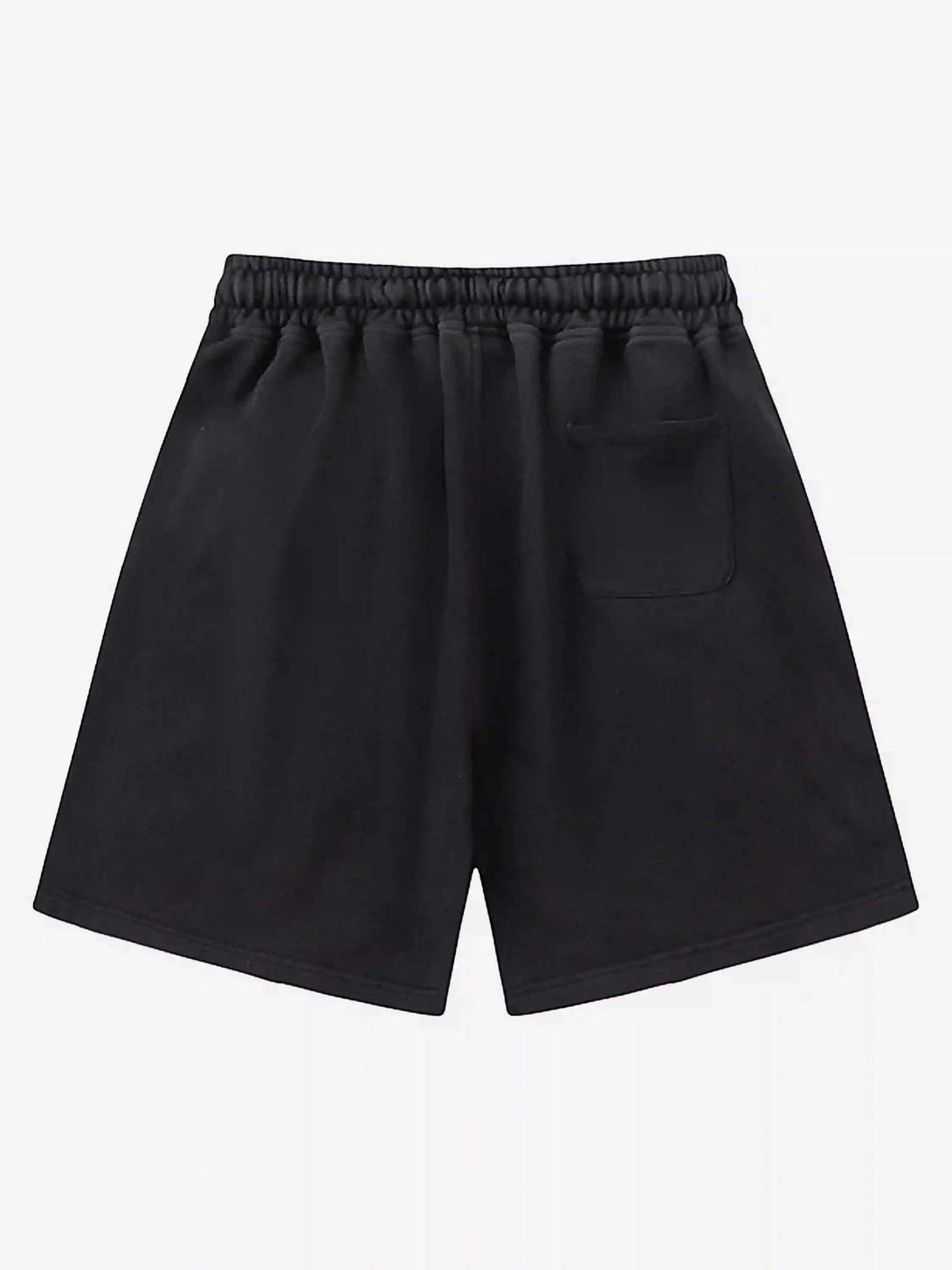 Back view of black TALISHKO shorts showcasing an elastic waistband and pocket detail.