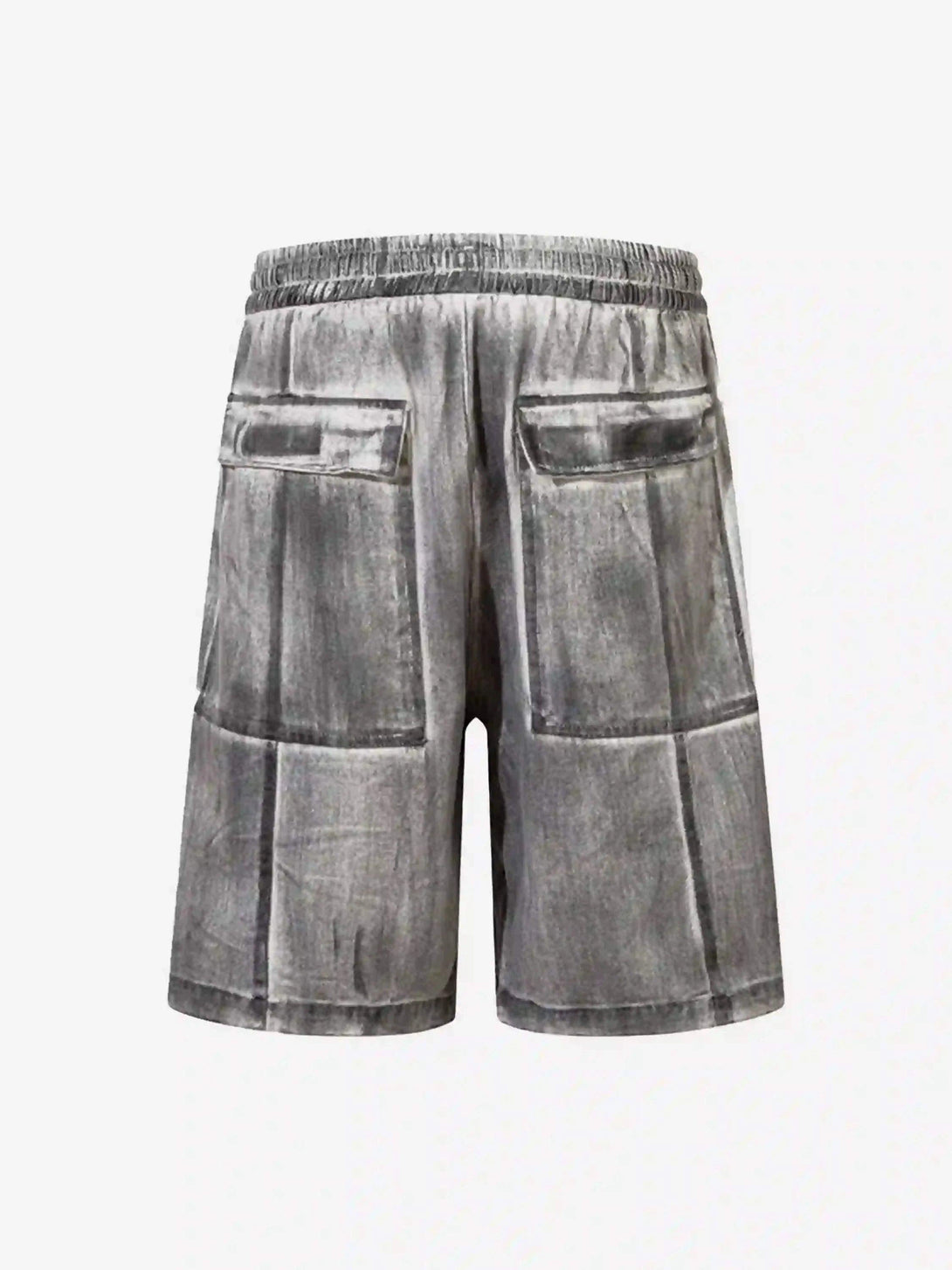 Back view of gray cargo shorts by TALISHKO, showcasing a distressed style with practical pockets.