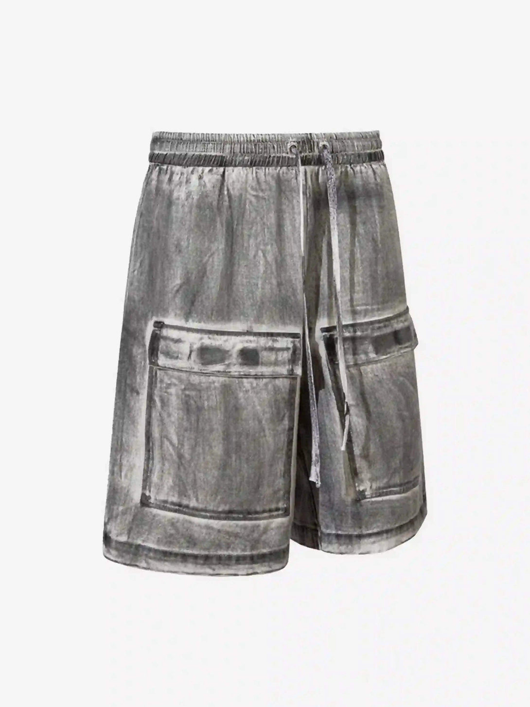 A side view of TALISHKO's distressed cargo shorts, featuring a relaxed fit and multiple pockets.