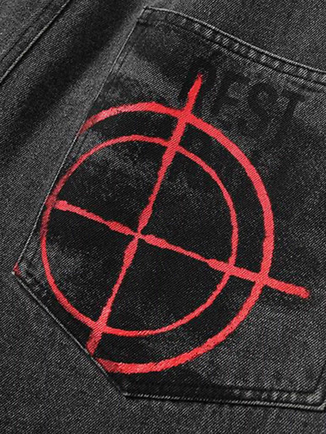 Close-up of TALISHKO jeans pocket featuring bold red target embroidery with a retro vibe.