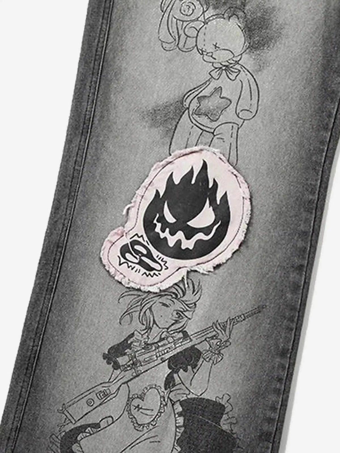 Intricate look at TALISHKO jeans featuring unique embroidered designs and artistic patches.