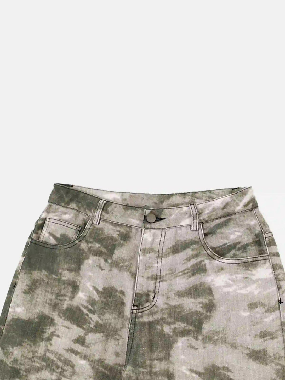 Intricate look at TALISHKO's camouflage flared pants, highlighting the retro-inspired pattern.