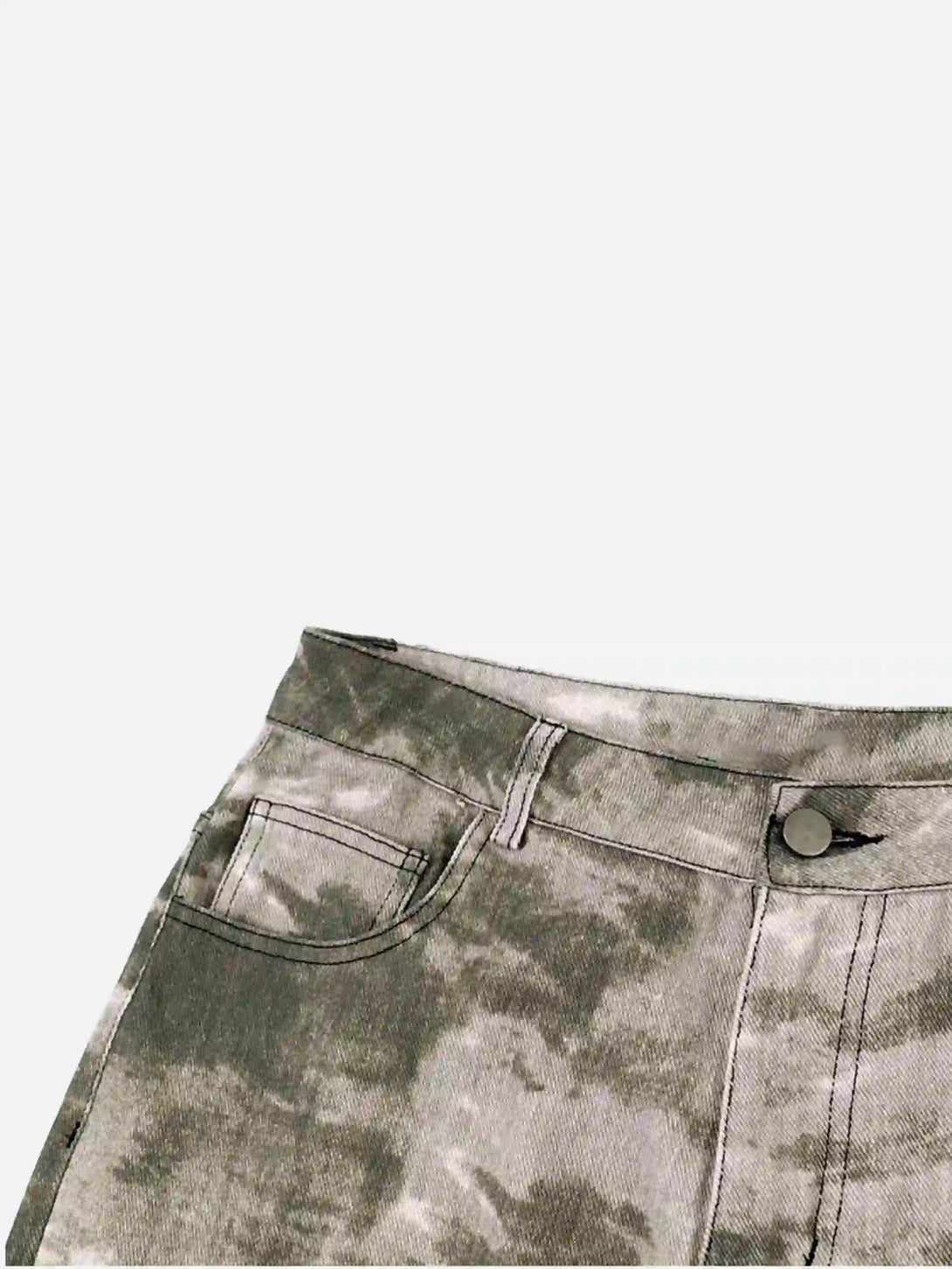 A detailed view of TALISHKO's camouflage flared pants, highlighting the unique pattern and design.