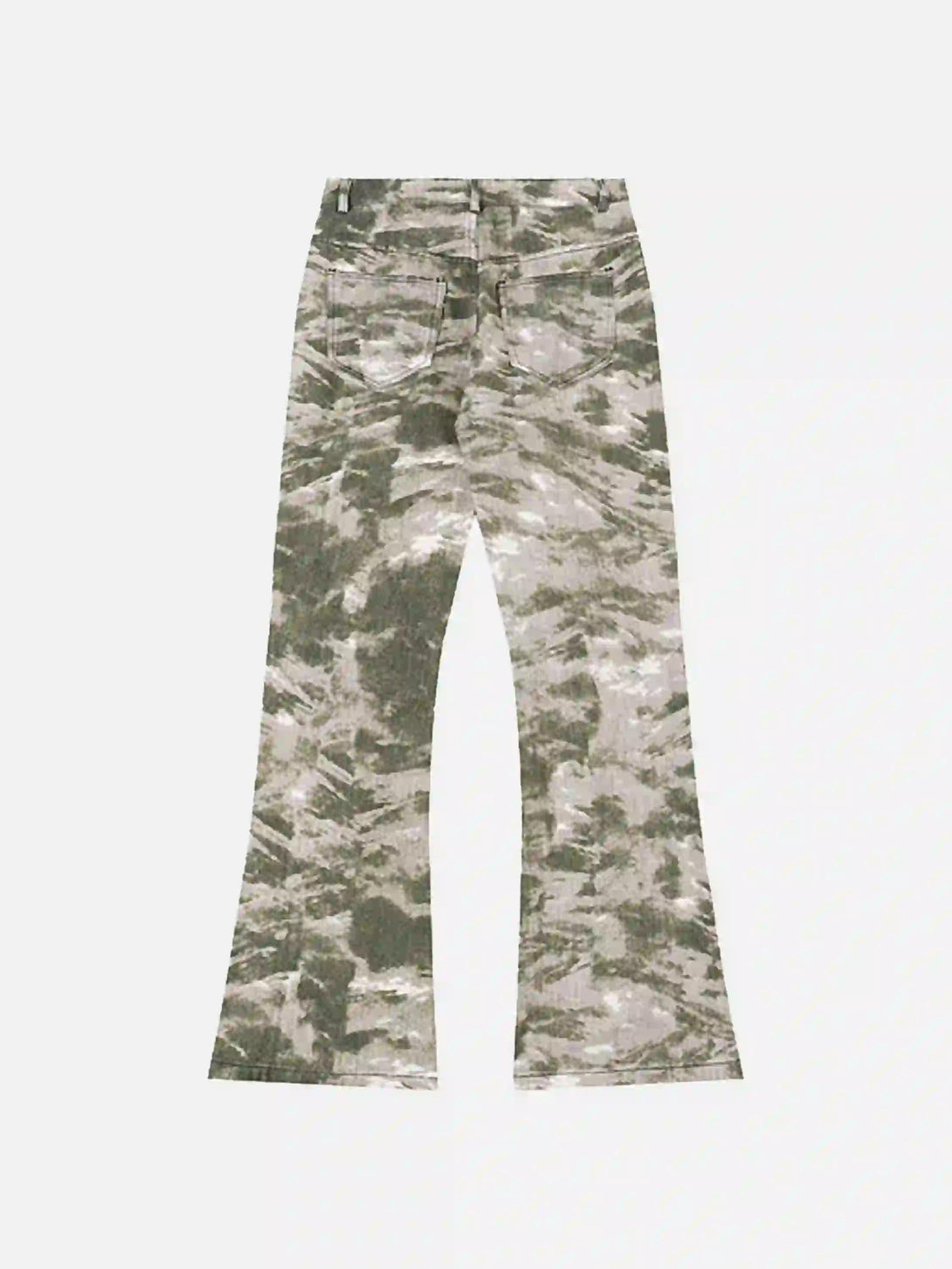 Back view of TALISHKO camouflage flared pants, highlighting their unique retro pattern.