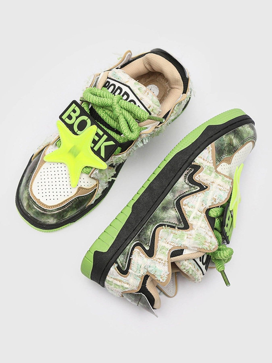 TALISHKO sneakers with green zigzag patterns and star details, capturing a bold retro style.