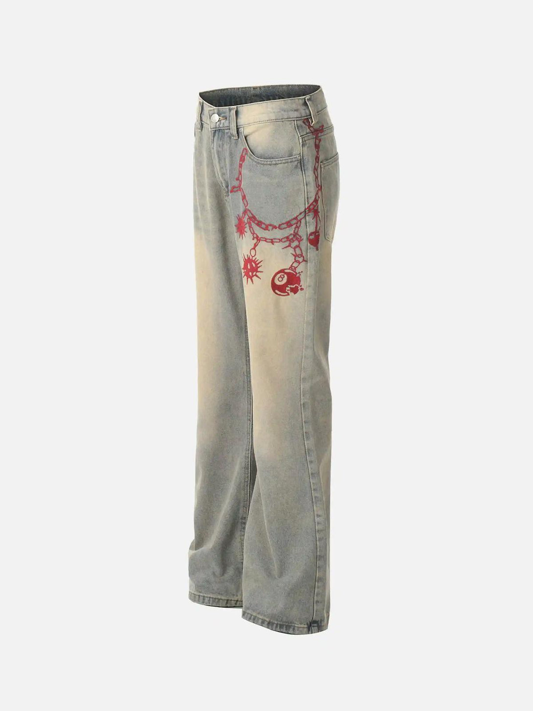 Side view of TALISHKO jeans featuring red chain embroidery, capturing a retro hip-hop essence.