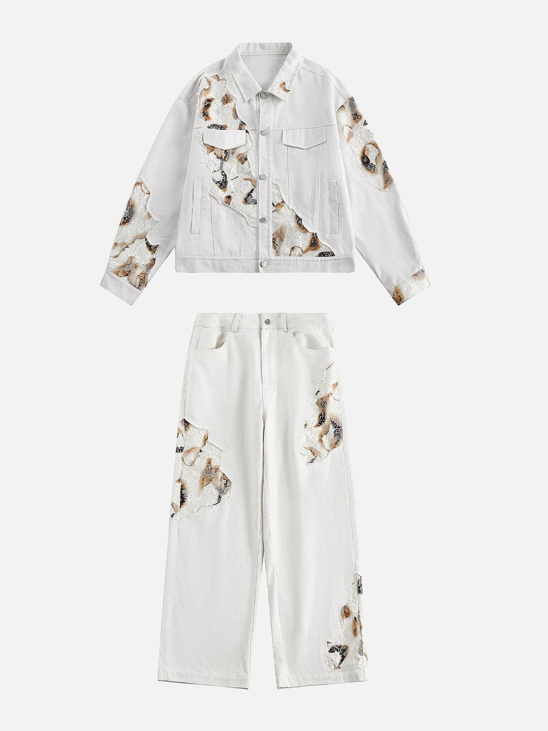 TALISHKO's denim set features unique lace patchwork, highlighting a stylish front view.