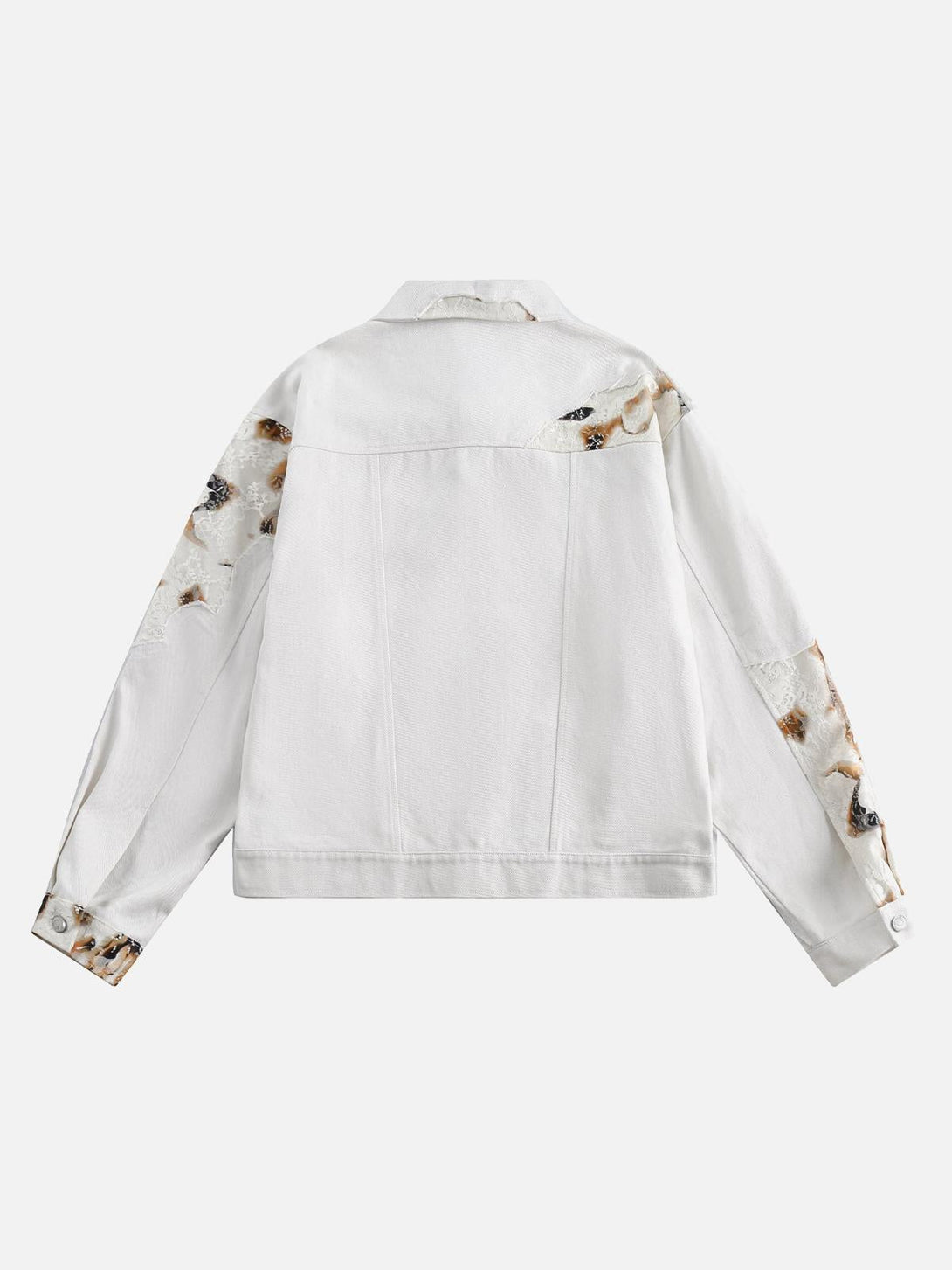 Back view of TALISHKO's white lace patchwork denim jacket, showcasing intricate sleeve details.