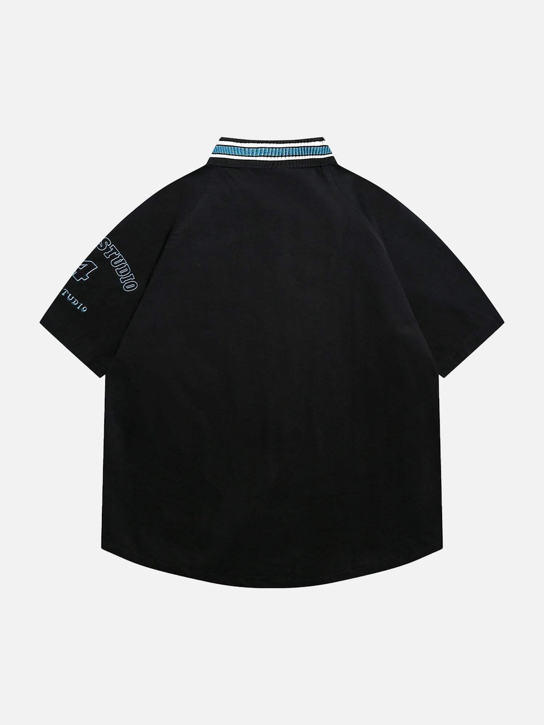 Back view of TALISHKO's black short-sleeved shirt with retro letter patch and striped collar.