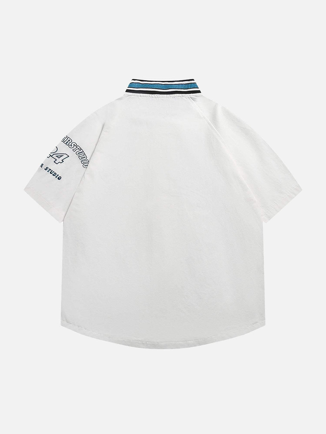 Back view of TALISHKO's retro-inspired white shirt with letter patch and striped collar detail.