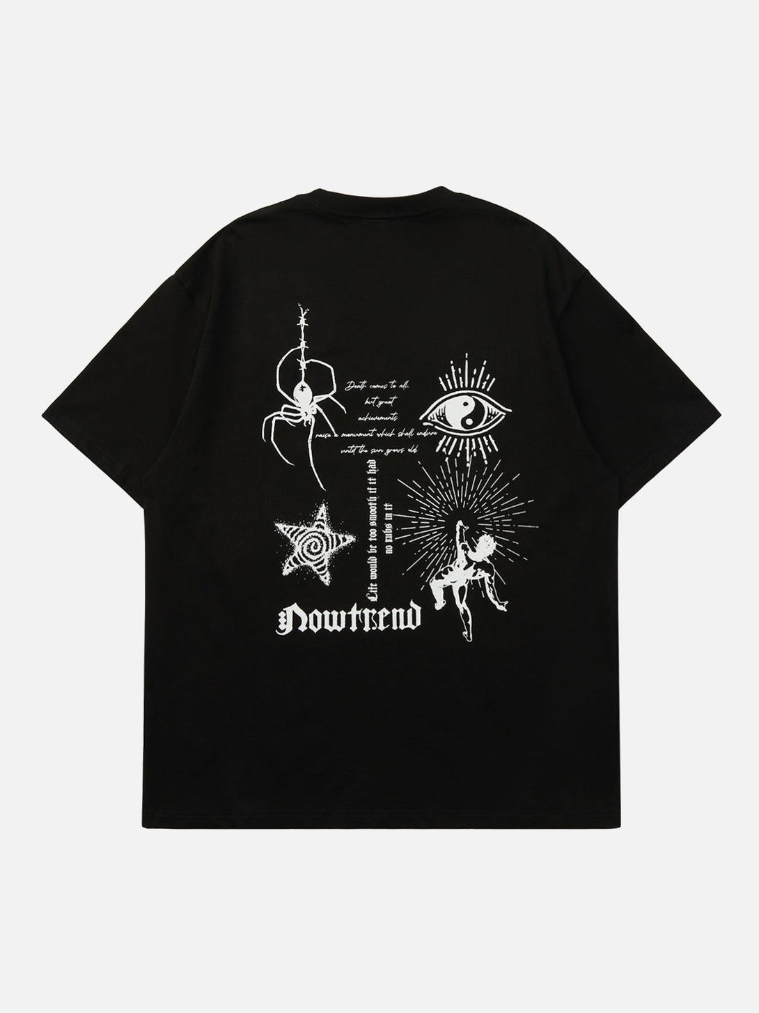 Back view of black street rap T-shirt by TALISHKO, featuring unique eye and spider graphics.
