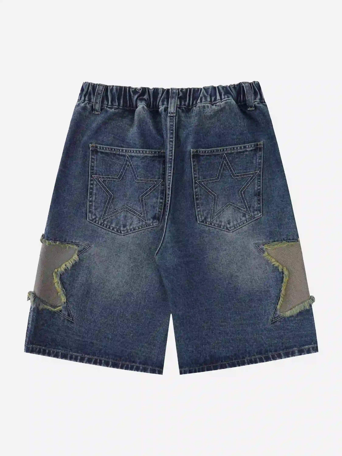 Back view of TALISHKO patchwork denim shorts with star details, perfect for a retro vibe.