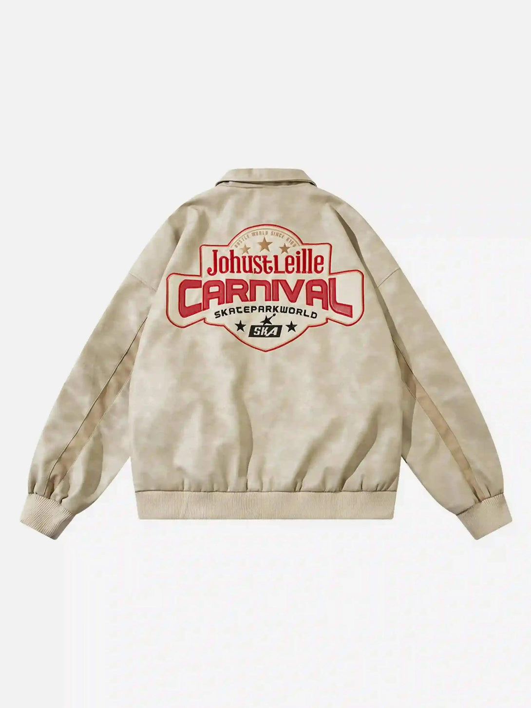 Back view of TALISHKO's retro patchwork motorcycle jacket in khaki, featuring bold graphics.