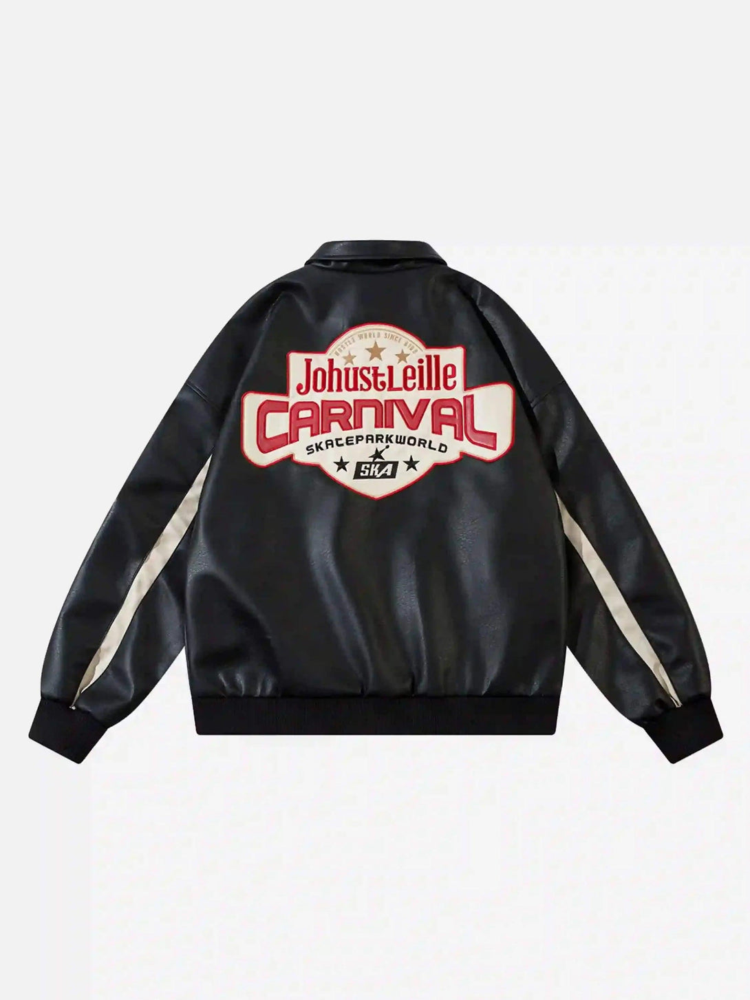 Back view of a TALISHKO retro patchwork motorcycle jacket with bold lettering, ideal for streetwear.