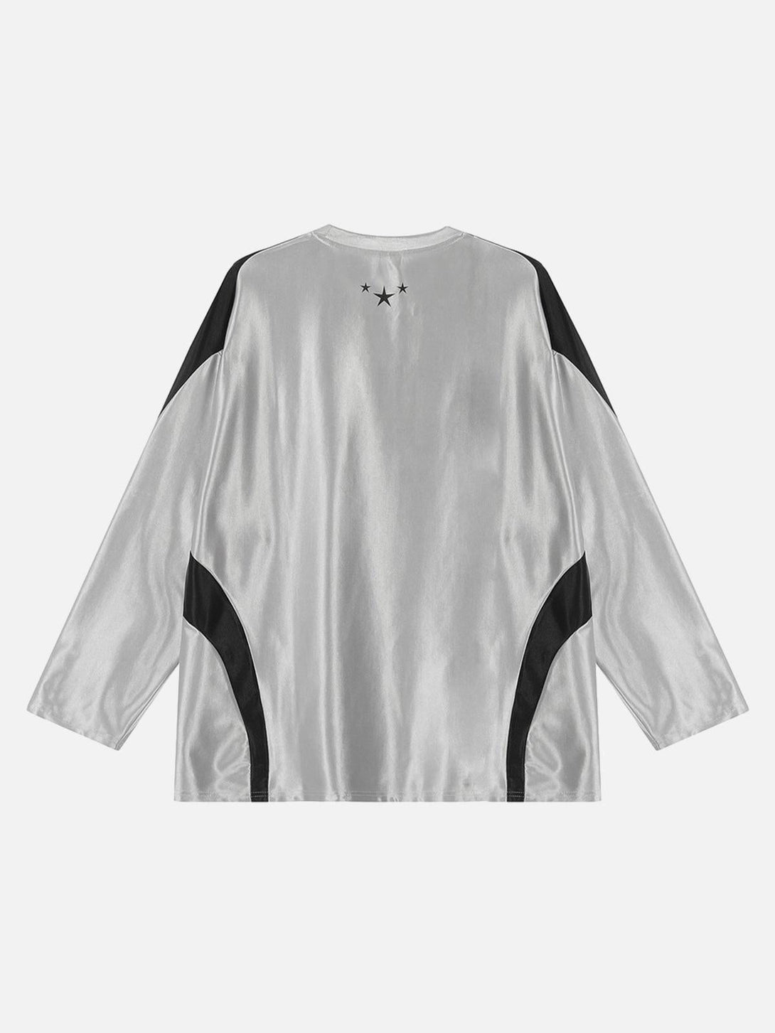 Back view of TALISHKO long-sleeved T-shirt in silver with star accents and black patches.