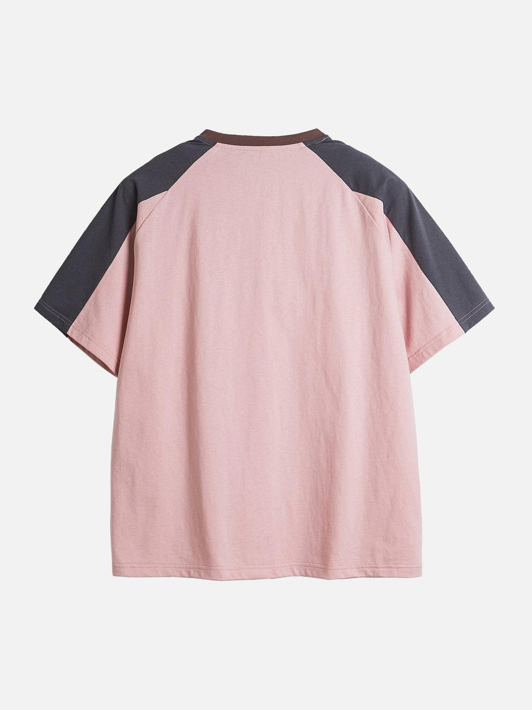 Back view of TALISHKO's patchwork T-shirt in pink and gray, featuring a comfortable fit.