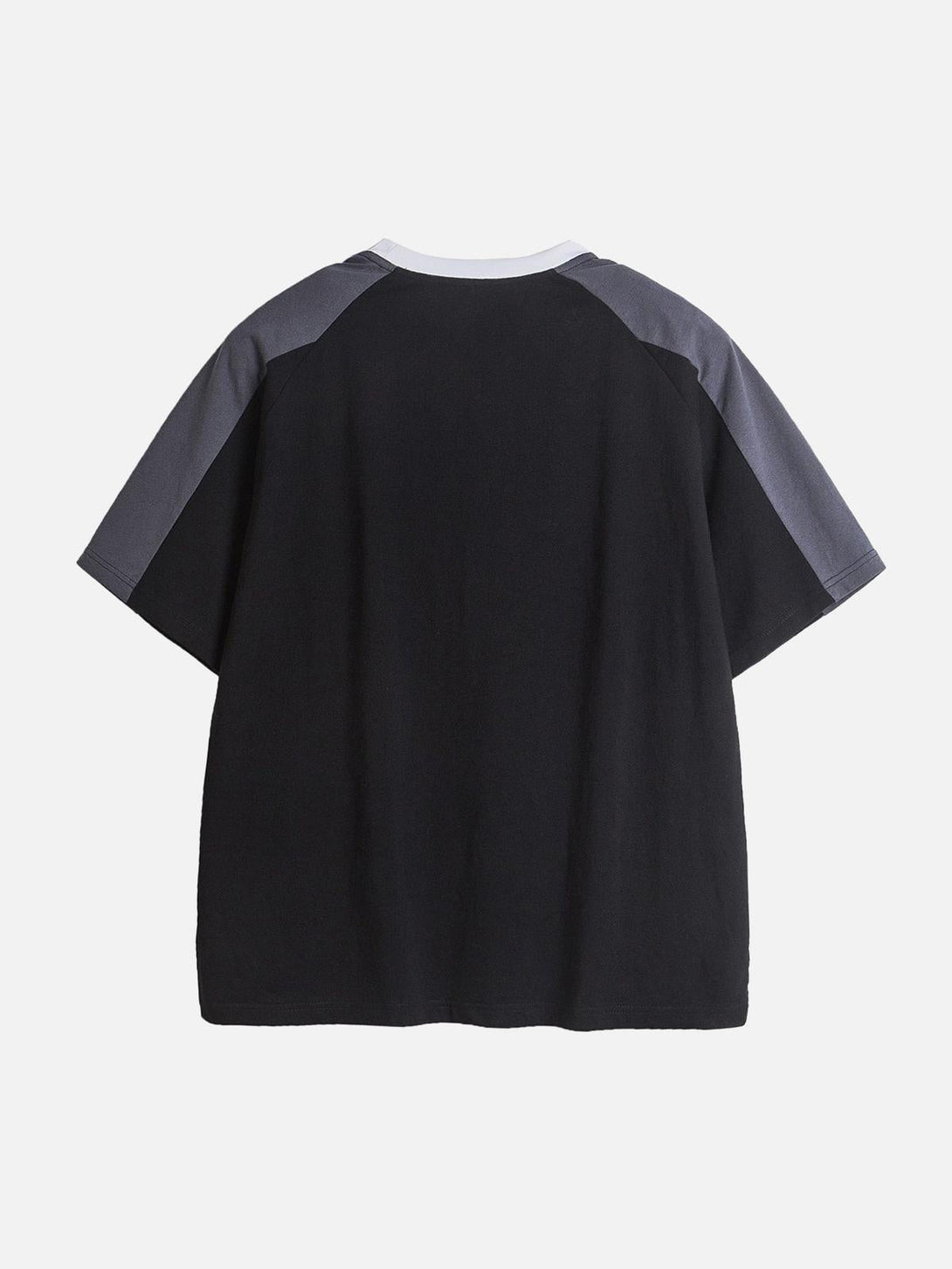 Back view of a TALISHKO black and gray patchwork T-shirt, showcasing a relaxed fit.