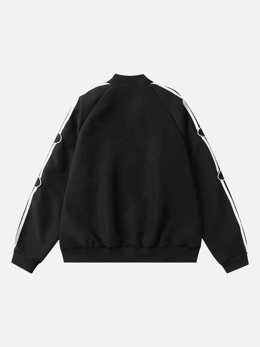 Back view of a black TALISHKO sports jacket featuring white stripe details on the sleeves.