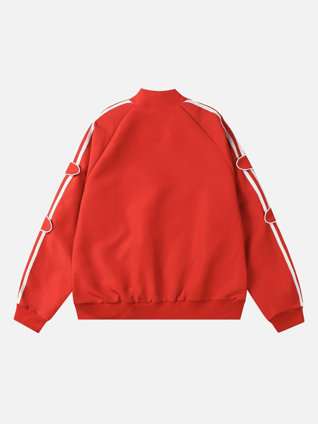 Back view of a red TALISHKO retro sports jacket with unique white stripe details.