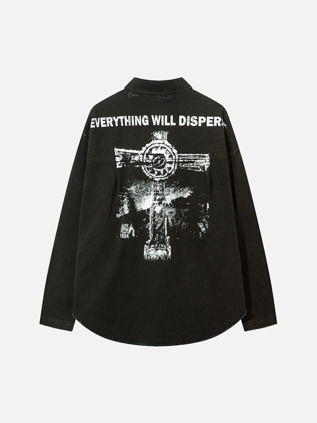 Back view of TALISHKO's black long sleeve shirt featuring bold graphics and raw edges.