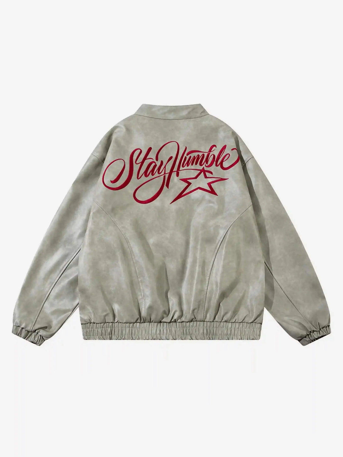 Back of TALISHKO jacket featuring bold red "Stay Humble" embroidery on soft fabric.