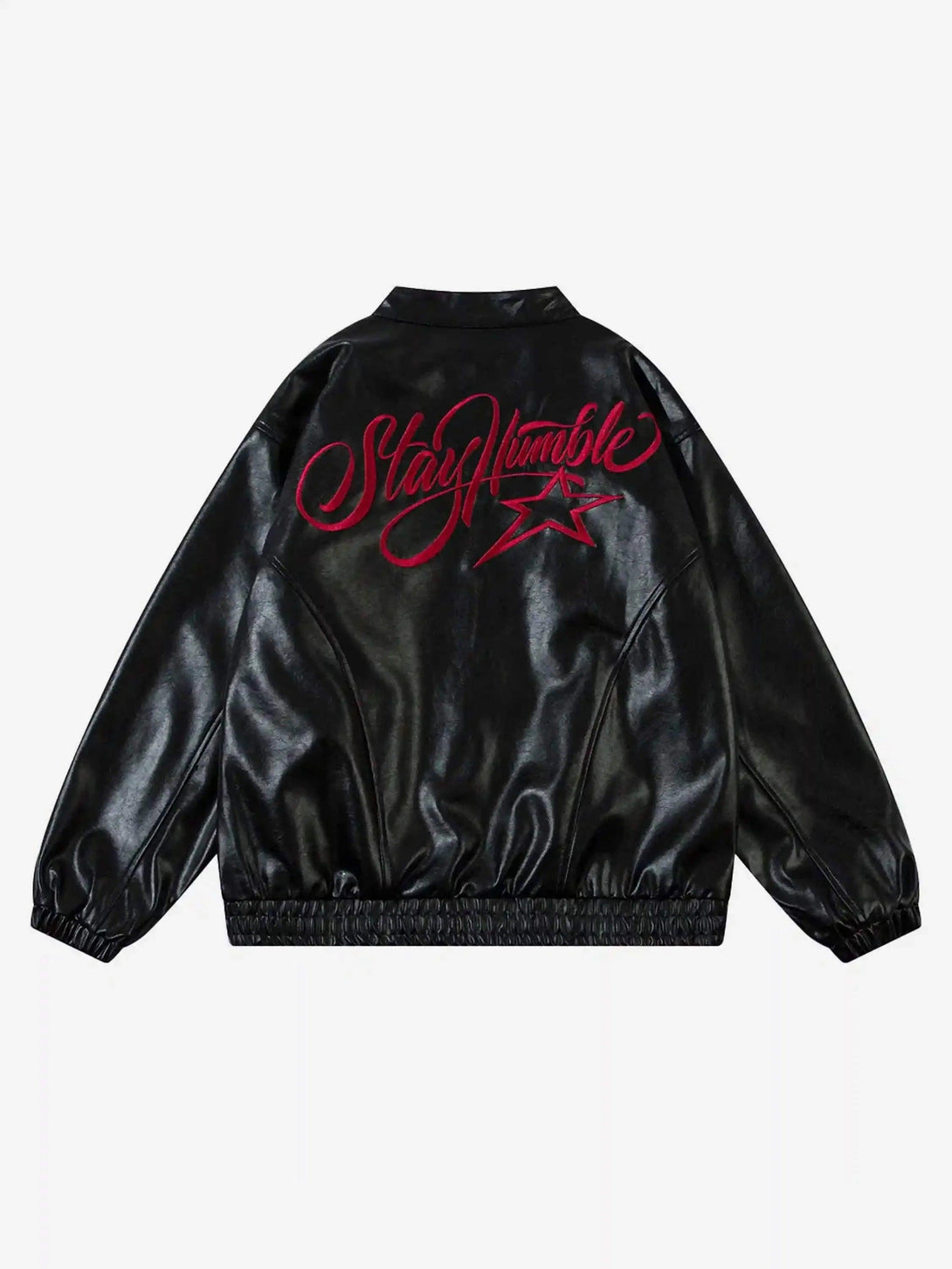 Back view of TALISHKO motorcycle jacket with embroidered "Stay Humble" script in bold red.