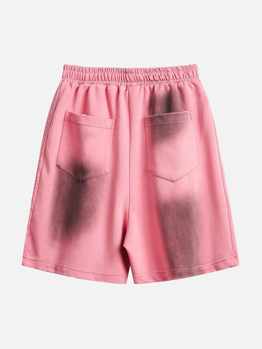 Back view of TALISHKO pink casual shorts featuring a unique spray paint design.