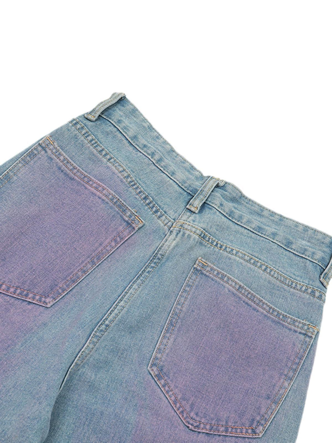 TALISHKO jeans featuring a purple spray-painted effect, showcasing a retro-inspired back view.