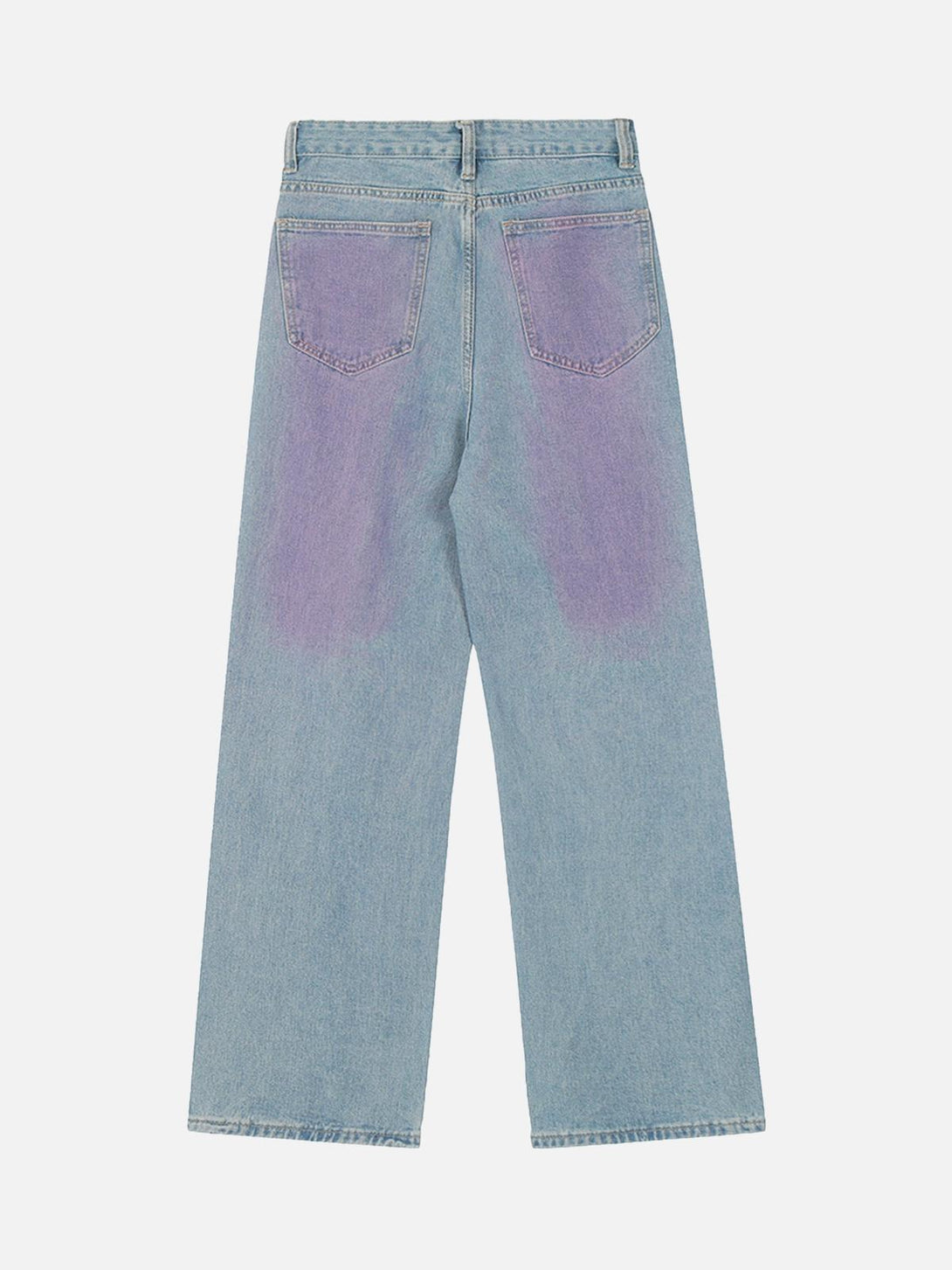 Back view of TALISHKO jeans with unique purple spray-painted detail, adding retro flair.