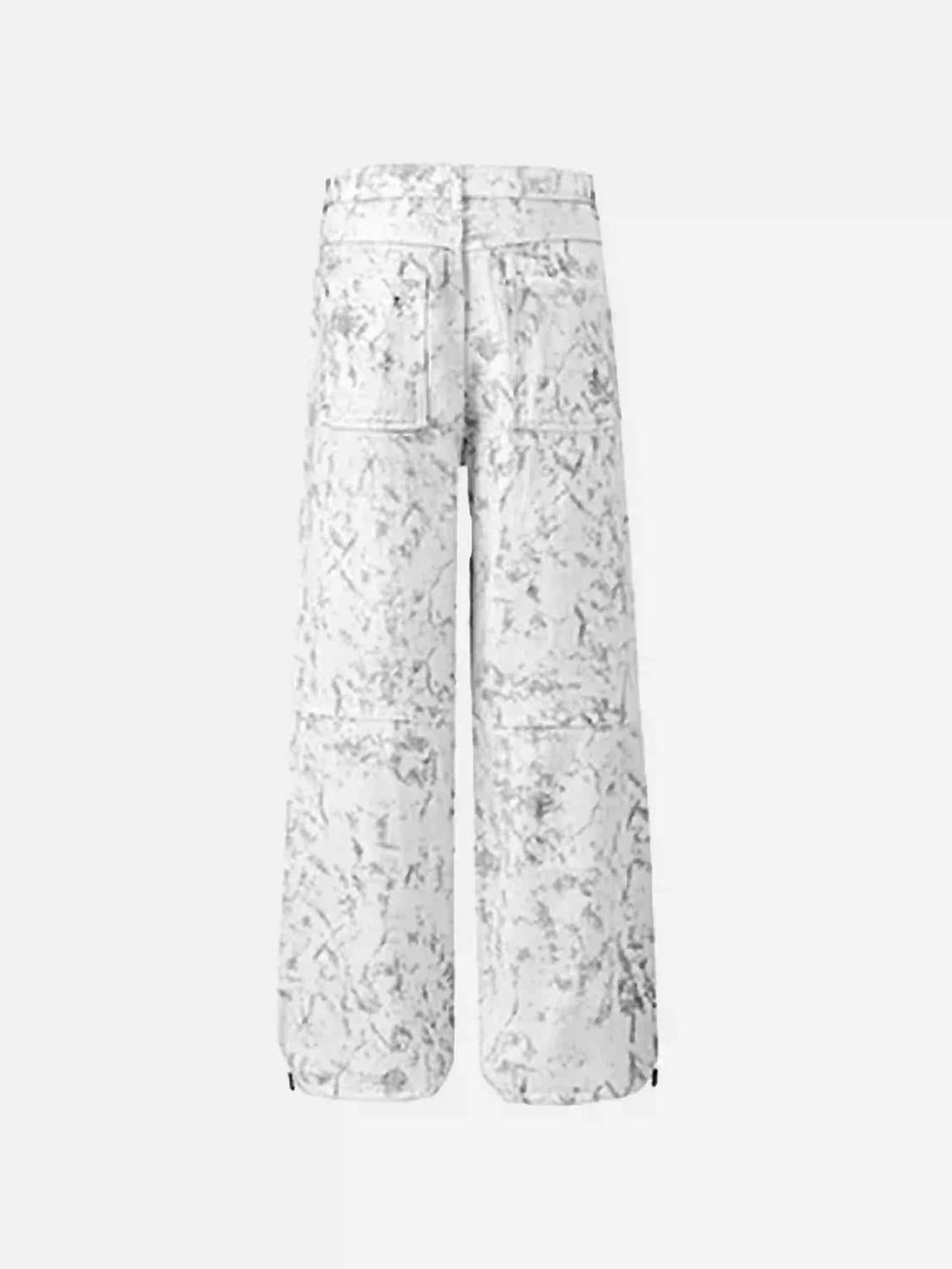 Back view of white TALISHKO overalls with a textured, retro multi-pocket design.