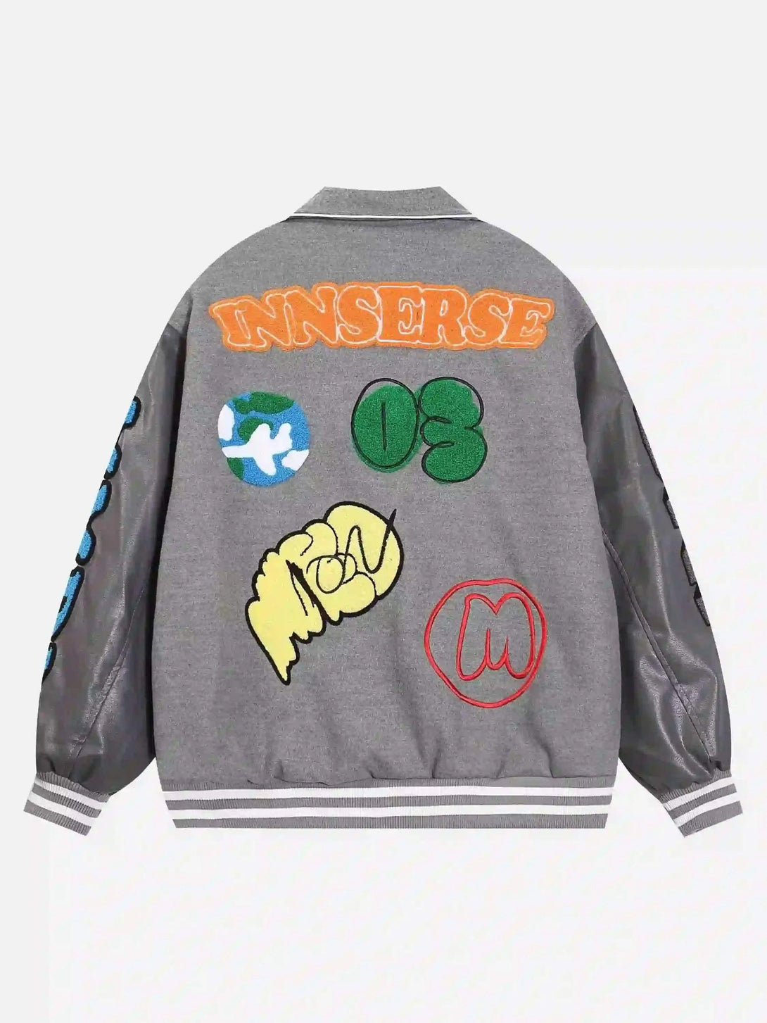 Back view of TALISHKO's gray woolen baseball jacket with vibrant graphic patches.