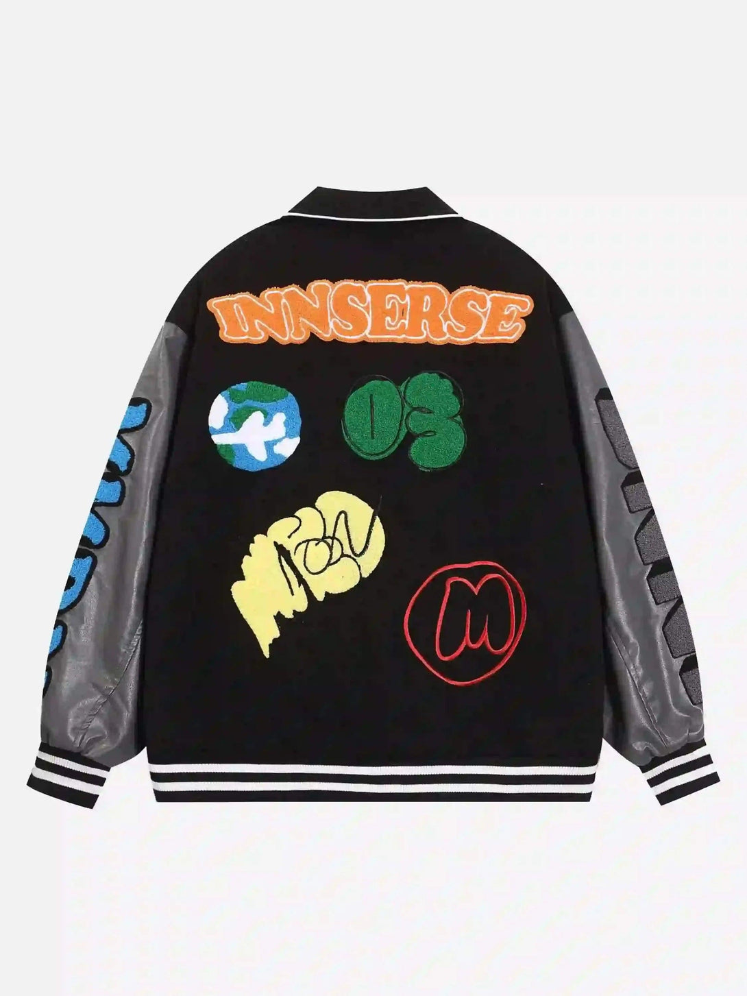 Back view of TALISHKO's woolen baseball jacket with bold, colorful graphic patches.