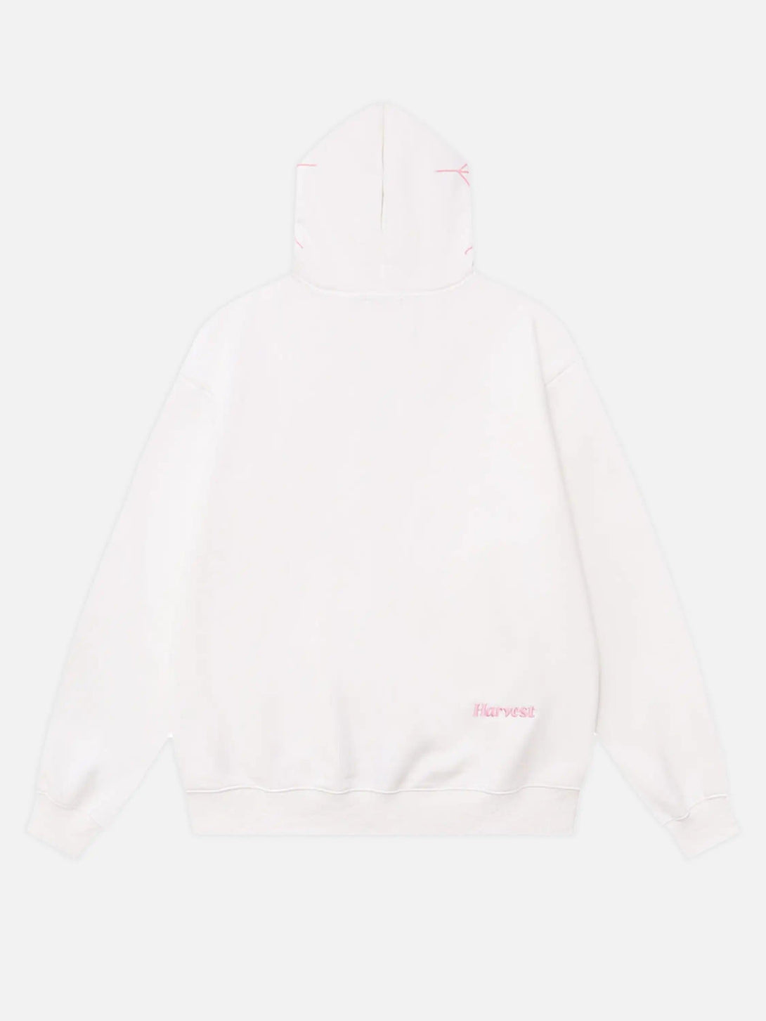 Back view of a white TALISHKO hoodie with pink "Harvest" logo detail on the hem.